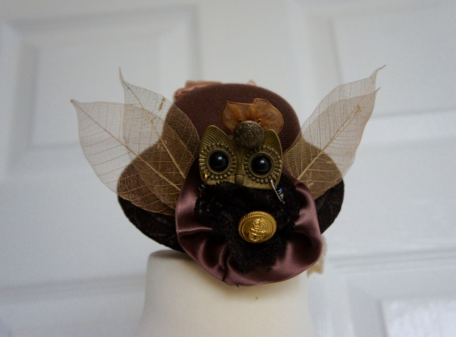 Beautiful One Of A Kind Steampunk Bronze Owl With Delicate Golden Leaf Wings Mini Riding Hat Fascina