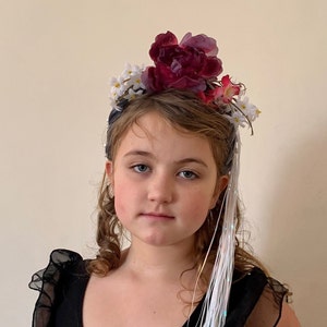 Handmade, Floral, Purple, Flowers, and Faux Pearls, Headband, With Iridescent Train, Fairy, Fae, Festival, Day Of The Dead, Día de Muertos