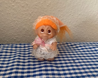 Vintage, 1986, 1980s, DAM, Small, Orange Hair, Troll, Doll, Figure, Bride, In White Lace Dress, Veil, Retro, Present, Toy, Wedding, Bride