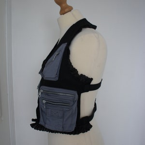 Upcyled, Steampunk, Dieselpunk, Victorian, Ruffle, Lace, Utility, Vest, Pocket, Zipper, Detail, Elastic Back, Size UK 12-14, US 8-10, Gift