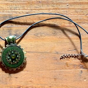 Vintage, Gold, and, Green, Enamel, Cog, Shape, Metal, Pendant, Necklace, With, Hearts, and, Faux, Emerald, Stone, Details, Gift, Present