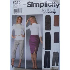 May include: Simplicity sewing pattern 5259 for 6 bottoms made easy. The pattern includes a variety of skirt styles, including a pencil skirt, a skirt with a slit, and a plaid skirt. The pattern is for sizes 16, 18, 20, and 22.