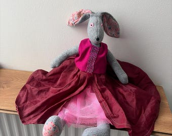 Handmade, Rabbit, Hare, Art Doll, In Sateen Dress, Fabric Doll, Display, Cottage Chic, Nursery, Present, Gift, Present, Daughter, Wife, Girl