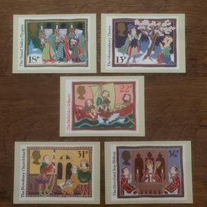 Cinq, vintage, Noël 1986, Royal Mail, commémorative, libération, timbres, cartes postales, objet de collection, souvenirs, Lynda Grey, Glastonbury, maman
