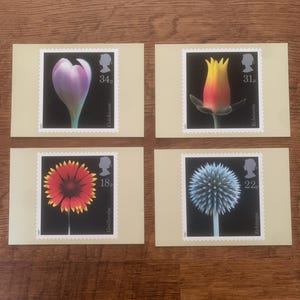 Commémorative, libération, Cartes postales, Quatre, vintage, 1987, Fleurs, Art, Illustration, Royal Mail, Quatre, Timbres, Cadeau, Alfred Lammer, Photographies