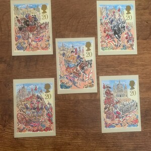 Lot de cinq, vintage, 1989, The Lord Mayor's Show, Londres, Royal Mail, Commémorative, Sortie, Timbres, Cartes postales, Collection, Souvenirs
