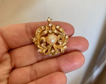 Vintage, Costume, Jewellery, Gold, Metal, Decorative, Brooch, Pin, With, Large Faux, Pearl Centre, and Faux Diamond, Decoration, Costume