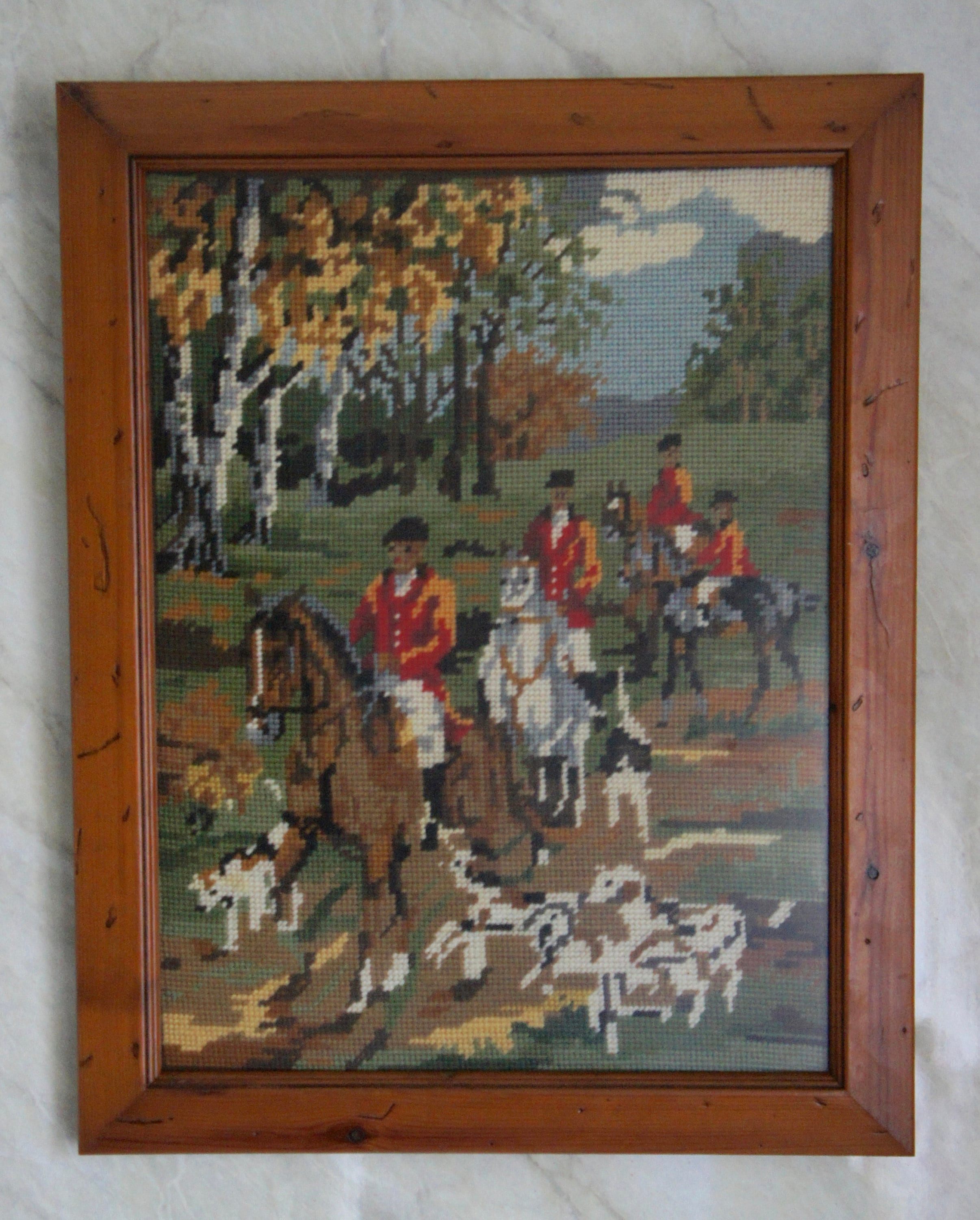 Large, Vintage, Framed, Cross Stitch, Needle Point, Hunt, Fox Hunt