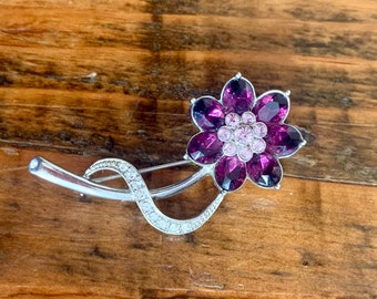Vintage, Costume Jewellery, Silver Metal, Floral, Brooch, With, faux, Diamonds And Amethyst Details, Costume, Gift, Jewellery, Collectible