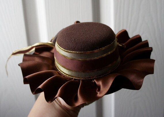 Brown Mini Hat With Brown Satin Ruffle Edge and Gold Stripe 