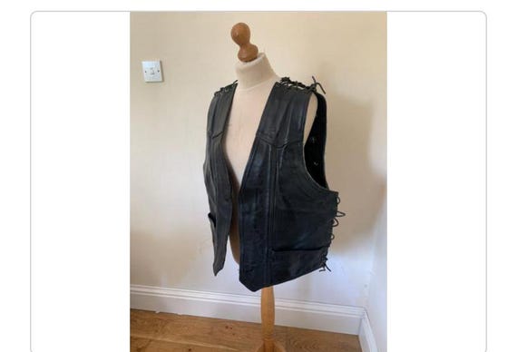 Vintage, Handmade, 1990s, Genuine, Black, Leather, Sleeveless, Jacket, Waistcoat, Music Note Lining, Size UK, Men's, 48, Men, Unisex, Biker
