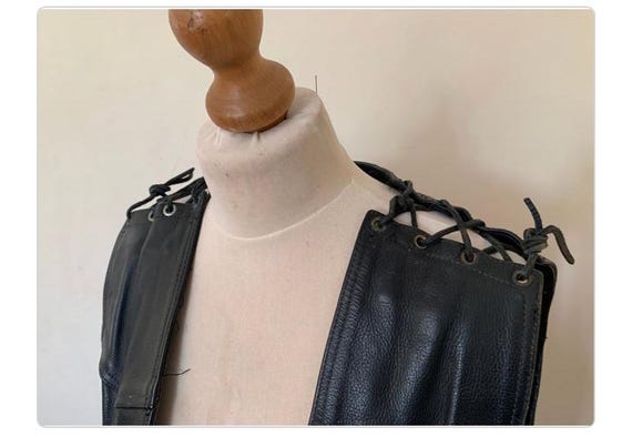 Vintage, Handmade, 1990s, Genuine, Black, Leather, Sleeveless, Jacket, Waistcoat, Music Note Lining, Size UK, Men's, 48, Men, Unisex, Biker View 3