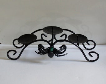 Handmade, Altered, Painted, Metal, Black, Antiqued, Gothic, Spider, Candlestick, Triple, Candle, Holder, Decoration, Halloween, Vampire