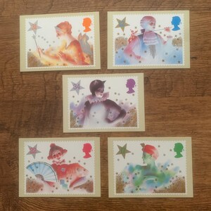 Lot de cinq, vintage, 1985, Noël, pantomime, oeuvre d'art, illustration, Royal Mail, commémorative, libération, timbres, cartes postales, objet de collection