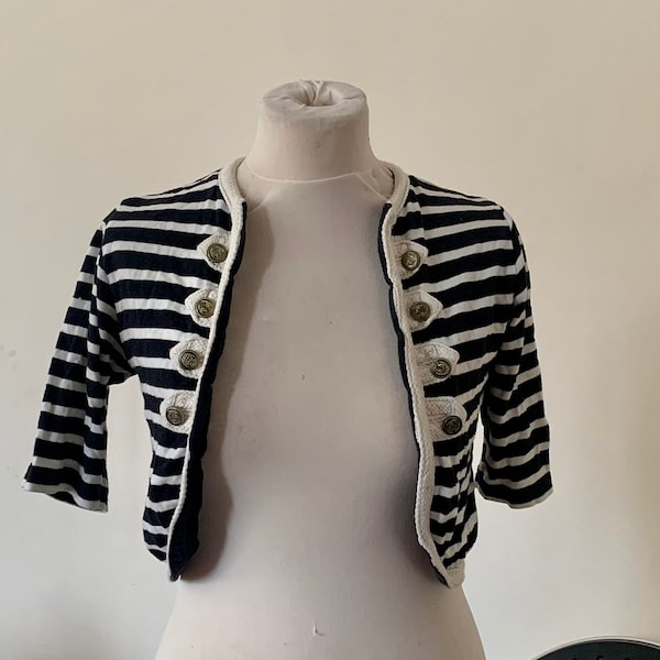 Vintage, Topshop, UK, Size 12, US 8, EURO 40, Ladies, Black and White, Military Style, Gold Navy Button, Lightweight, Cotton, Bolero, Shrug