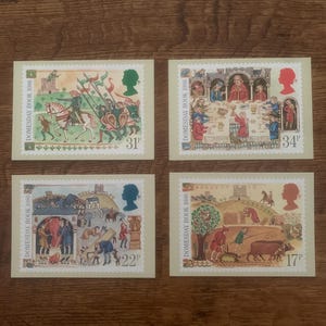 Ensemble de quatre, vintage, 1986, vie médiévale, Royal Mail, commémoratif, libération, timbres, cartes postales, objet de collection, souvenirs, Tayburn, cadeau