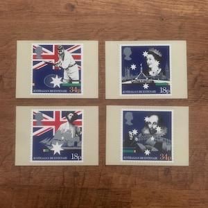 Quatre, vintage, 1988, The Australian Bicentenary, Origins, Royal Mail, Commémorative, Sortie, Timbres, Cartes postales, Gary Emery, Souvenirs