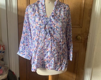 Vintage, Patra, 100 % seda, retro, morado, azul, rosa, abstracto, diseño, manga larga, blusa, camisa, talla M del Reino Unido, mujer, moda, hipster, top
