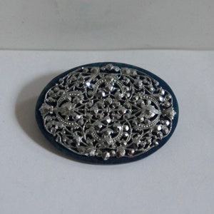 Vintage, 1950s, Costume, Jewellery, Blue, And Silver, Intricate, Design, Brooch, Pin, Oval, Retro, Costume, Collectible, Steampunk, Gift