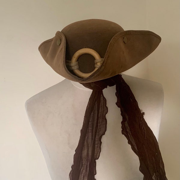 Unisex, Upcycled, Brown, Tricorn, Pirate, Captain, Hat, With Rope and Wooden Buckle Detail, Steampunk, Georgian, Costume,Accessories, Size M