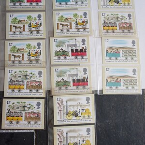Conjunto de quinze, vintage, 1980, Royal Mail, comemorativo, Liverpool and Manchester Railway 1830, lançamento, selos, cartões postais, datado, presente