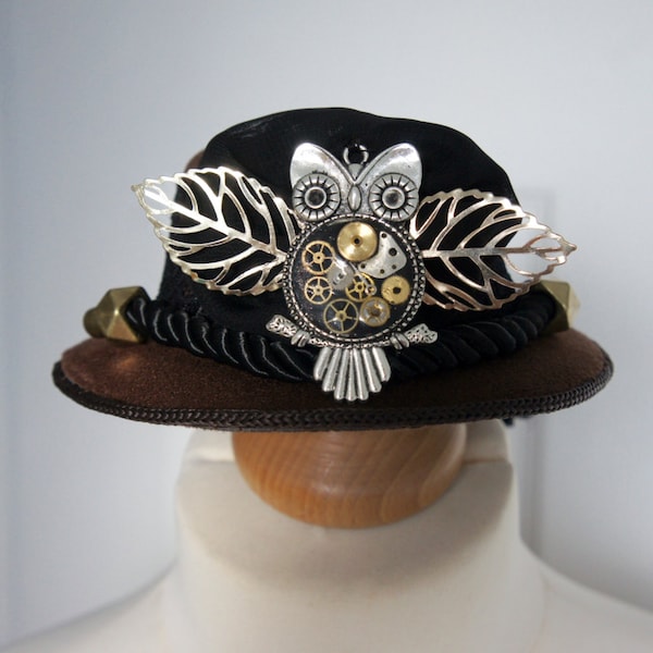 The One Of A Kind Steampunk Silver Clockwork Owl With Leaf Wings Brown Mini Top Hat Fascinator With Lace And Jewel Details