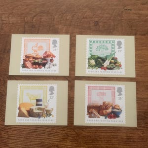 Ensemble de quatre, vintage, 1989, année alimentaire et agricole, Royal Mail, commémoratif, libération, timbres, cartes postales, objet de collection, ferme, souvenirs