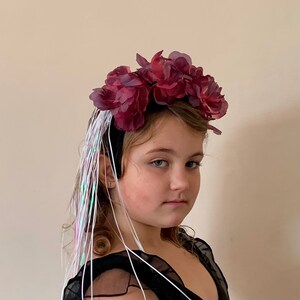 Handmade, Floral, Purple, Flowers, and Faux Pearls, Headband, With Iridescent Train, Fairy, Fae, Festival, Day Of The Dead, Día de Muertos