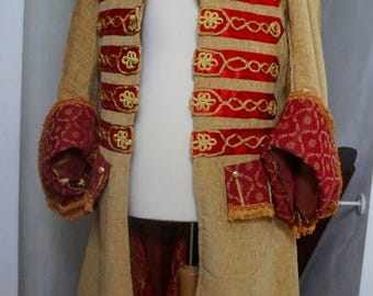 Georgian Style Pirate Coat Frock Coat In Gold And Red With Decorative Tassel Pocket And Cuffs And Decorative Front Unisex Steampunk, Costume