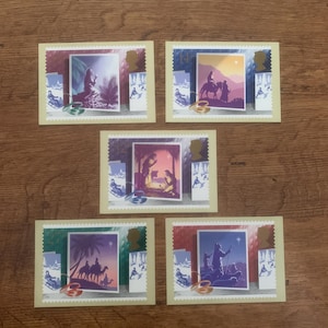 Lot de cinq, vintage, Noël 1988, Nativité, Royal Mail, Commémorative, Sortie, Timbres, Cartes postales, Collection, Trickett & Webb Ltd, Maman