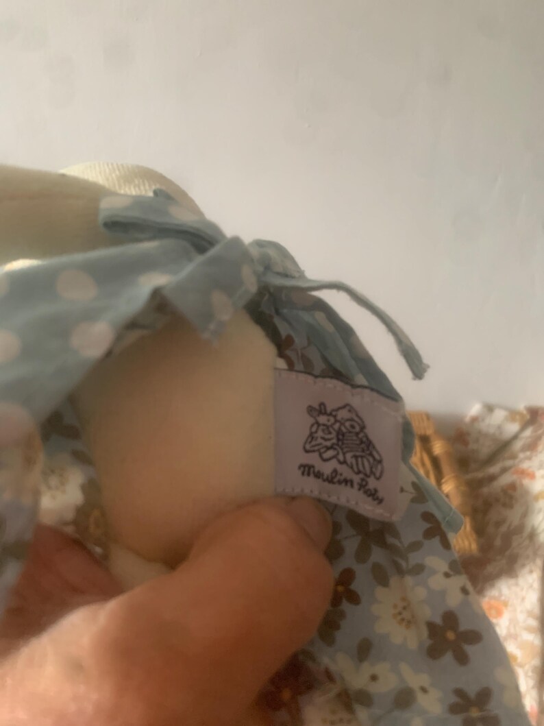 Pu&ograve; includere: Una bambola di peluche morbida con un vestito azzurro a pois bianchi e motivi floreali. La bambola ha un'etichetta con la scritta "Moulin Roty". La testa della bambola &egrave; color crema.