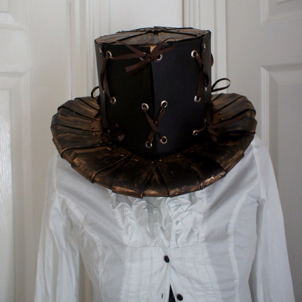 Handmade Antique Copper Gold Metal Effect With Black Leather Effect Laced Corset Steampunk Victorian Top Hat With Purple Felt Lining.