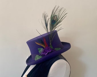 One Of A Kind, Upcycled, Altered, Wool, Top Hat, With, Handmade Flower, Details, Leaves, Peacock Feathers, Men’s, Unisex, Women’s, Size XL