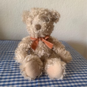 May include: A small, plush teddy bear with light brown fur and a matching bow. The bear has a round, tan nose and tan-coloured paws. It is sitting on a blue and white chequered surface.