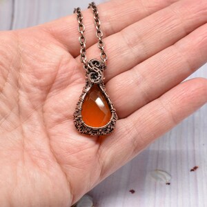 Orange Faceted Carnelian and Copper Wire Wrapped and Hand Woven Mini Pendant