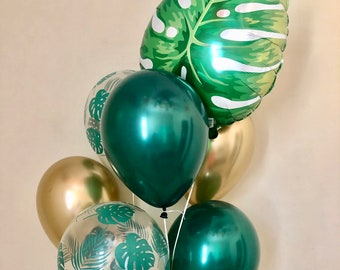 Palm Leaf, Forest Green, Chrome Gold 11 inch Latex Balloons~Leaf Balloon~Wild One Party~Jungle Party~Aloha Party~Leaf Decor~Tropical Party