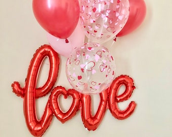 Love Red Script and Latex Balloons~Valentines Day~Valentines Balloons~Engagement Balloons~Wedding Balloons~Red Love Script~Heart Balloons