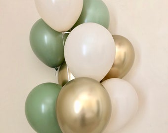 Eucalyptus Balloon Bundle~Bridal Shower~Eucalyptus Wedding~Baby Shower~Chrome Gold White Sand and Eucalyptus Balloons~Sage Green Balloons