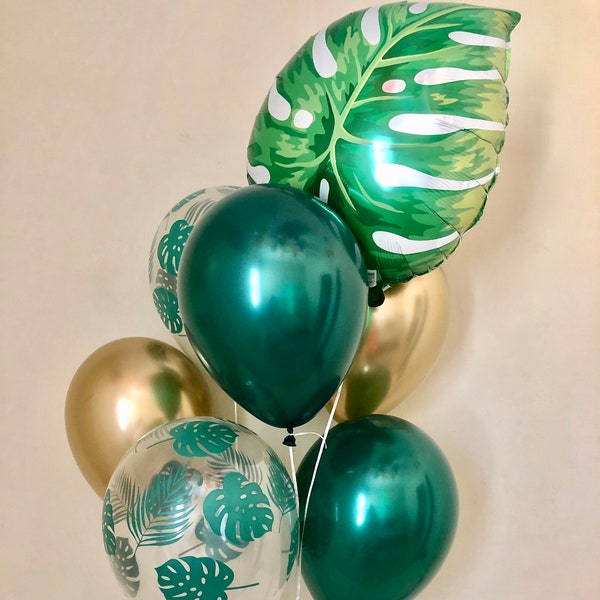 Palm Leaf, Forest Green, Chrome Gold 11 inch Latex Balloons~Leaf Balloon~Wild One Party~Jungle Party~Aloha Party~Leaf Decor~Tropical Party