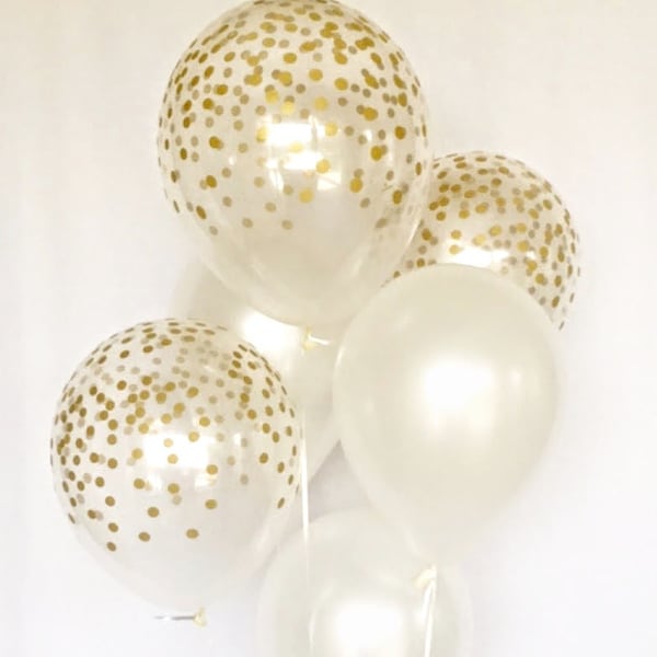 Pearl White and Clear Gold Confetti Latex Balloons~Wedding~Bridal Shower~Birthday~Pearl Balloon~Gold Confetti Look Balloon~White/Gold Party