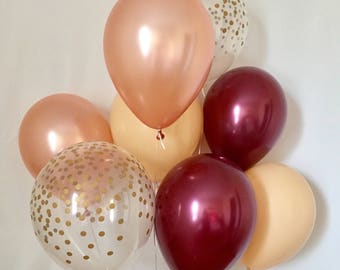 Rose Gold Burgundy Blush & Clear Gold Confetti Latex Balloons~Wedding~Bridal Shower~Birthday~Fall Balloons~Gold Confetti Look Balloon