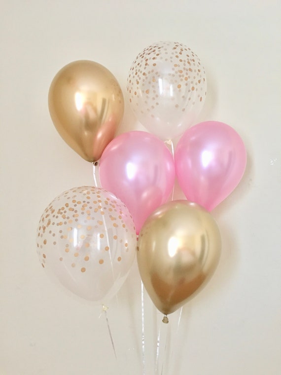 Pink and Chrome Gold Confetti Look Latex Balloon~Pink & Gold First Birthday~Baby Shower~Bridal Shower~Wedding~Pink Gold Decor~Chrome Balloon Il_570xn
