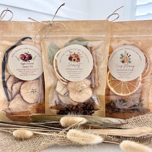 May include: Three clear pouches filled with dried fruit, spices, and herbs, tied with twine. Each pouch has a round label with text: "Apple Harvest Simmer Pot", "Harvest Simmer Pot Kit", and "Crisp Morning Simmer Pot Kit". The pouches are arranged on a burlap surface.