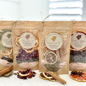 May include: Four brown paper bags with clear plastic windows containing different dried ingredients for making summer tea. The bags are labeled with the names of the teas: Abundance Summer Pit, Calming Summer Pit, Cleansing Summer Pit, and Grounding & Protection Summer Pit. Each bag contains a variety of dried fruits, herbs, and spices, including orange slices, cinnamon sticks, star anise, and rose petals.
