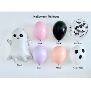 May include: Assortment of Halloween balloons in various colors and designs, including a ghost, a bat print, a ghost face, pink, black, lilac, and melon.