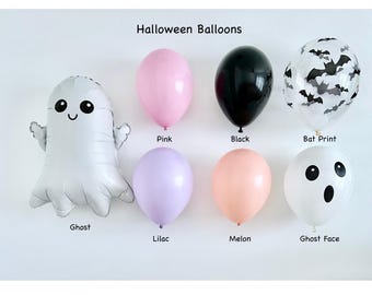 Pastel Halloween Balloons: Ghost, Bat Print, Lilac, Melon & Black