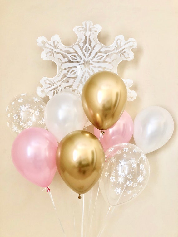 Snowflake, Pink, Chrome Gold & Snowflake Latex Balloon~Winter Onederland First Birthday~Snowflake Decor~Wonderland Party~Snowflake Balloons Il_570xn