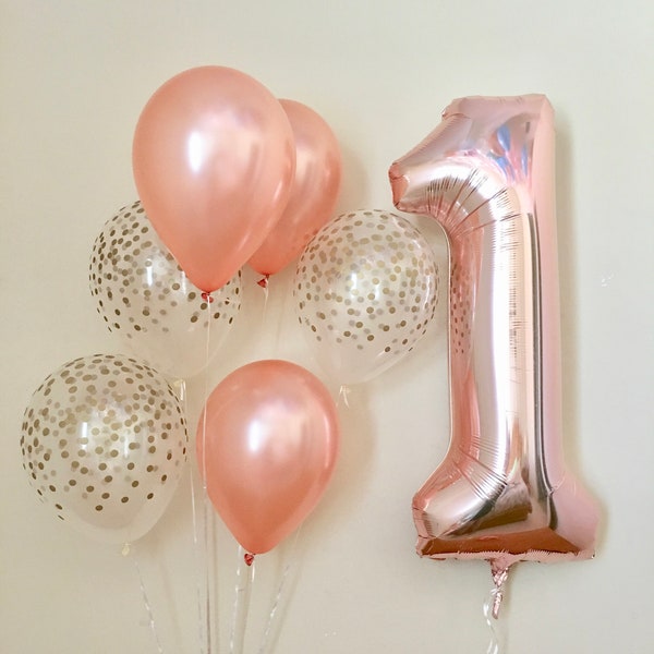 Rose Gold & Clear Gold Confetti Latex Balloon With Jumbo Rose Gold One (1)~First Birthday Rose Gold~1 Balloon~One Balloon~Rose Gold Balloon