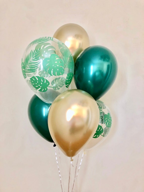 Palm Leaf, Forest Green, Chrome Gold 11 inch Latex Balloons~Leaf Balloon~Wild One Party~Jungle Party~Aloha Party~Leaf Decor~Tropical Party Il_570xn
