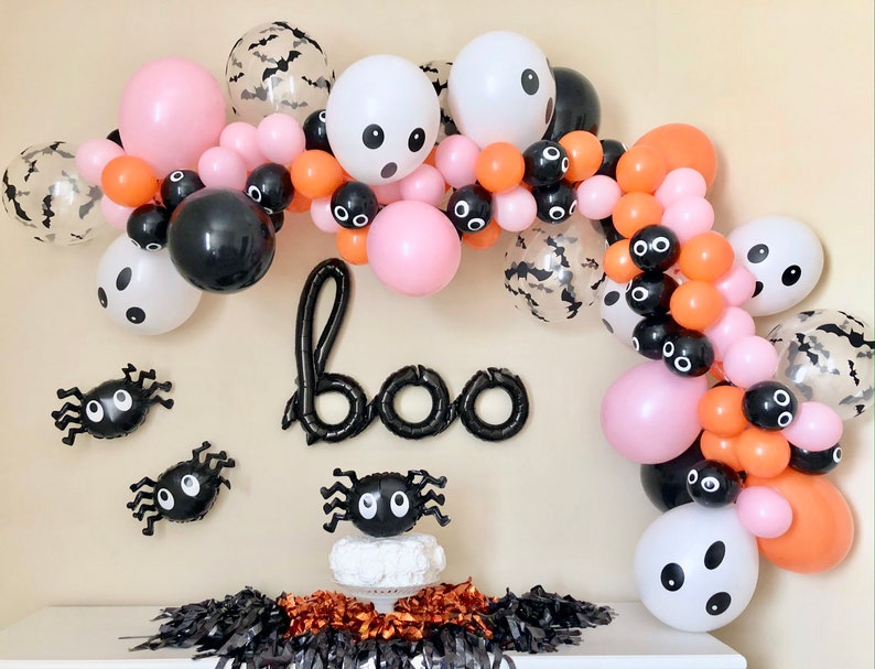 Pink & Orange Halloween Balloon Garland DIY KitHalloween Party DecorationsHalloween BannerBoo BalloonHalloween Balloon ArchBat Balloon image 1